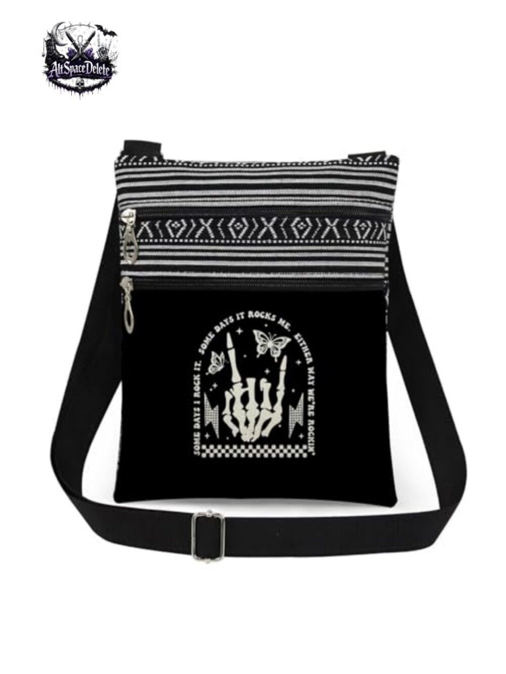 Skeleton Rock Hand Print Polyester Crossbody Bag Adjustable Strap Zip Pockets